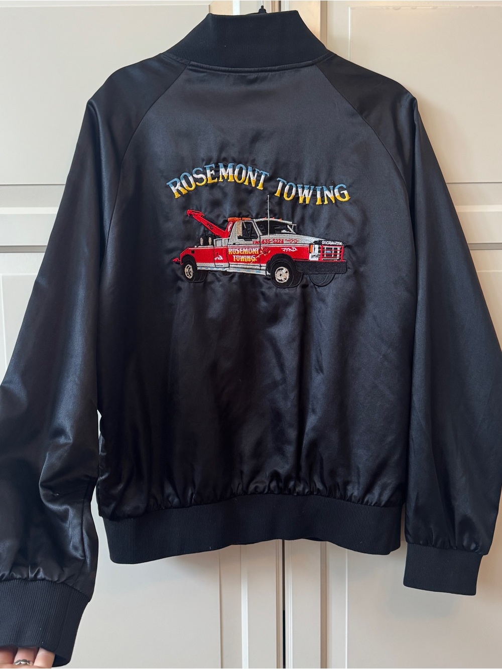 Vintage Black Satin bomber Jacket with Red Tow Truck Embroidery - size Large